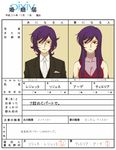  44no bad_id bad_pixiv_id breasts cleavage dress formal glasses gundam gundam_00 large_breasts long_hair marriage_certificate multiple_boys necktie otoko_no_ko purple_hair red_eyes regene_regetta suit tieria_erde translated 