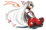  expressionless fujiwara_no_mokou indian_style long_hair luft ofuda pants red_eyes shaded_face simple_background sitting solo spread_legs touhou very_long_hair white_background white_hair 