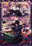  5girls book cup fairy glasses hat long_hair magic_circle multiple_girls original pink_hair red_eyes size_difference sumaki_shungo teacup witch_hat 