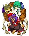  bad_id bad_pixiv_id blonde_hair detached_sleeves green_eyes green_hair hair_ornament hat highres kochiya_sanae leaf_hair_ornament moriya_suwako mukuroi multiple_girls purple_hair touhou yasaka_kanako yellow_eyes 