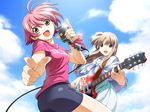  antenna_hair game_cg guitar instrument kashiwara_sarina katakura_shinji kira_kira microphone multiple_girls open_mouth orange_eyes pink_hair pointing shiino_kirari shorts vintage_microphone 