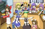  alice_margatroid baking blonde_hair blue_eyes blue_hair brown_eyes brown_hair cake cirno cooking food hairband hakurei_reimu highres inaba_tewi kirisame_marisa mukuroi multiple_girls pastry patchouli_knowledge purple_eyes purple_hair red_eyes reisen_udongein_inaba rumia short_hair touhou yellow_eyes 