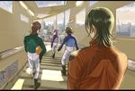  allelujah_haptism ask_(densicho) boots brown_hair celestial_being_uniform cityscape gundam gundam_00 hallway haro helmet jacket lockon_stratos looking_back lyle_dylandy multiple_boys purple_hair setsuna_f_seiei shadow stairs sunlight tieria_erde uniform walking 