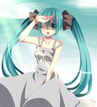  aqua_eyes aqua_hair bad_id bad_pixiv_id dress hair_ribbon hatsune_miku long_hair one_eye_closed ribbon solo tsukioka_tsukiho twintails vocaloid 