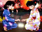  black_hair higurashi_kagome inuyasha japanese_clothes kimono multiple_girls sango 