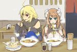  1girl artist_request blonde_hair blue_eyes brown_hair chopsticks eating emil_castagnier flower food fried_rice gloves hair_ornament holding holding_chopsticks holding_spoon long_hair marta_lualdi noodles ramen red_eyes scarf spoon tales_of_(series) tales_of_symphonia tales_of_symphonia_knight_of_ratatosk wristband 