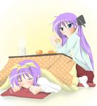  cup cushion food fruit hiiragi_kagami hiiragi_tsukasa kotatsu kuroinu_(sonoba_shinogi) lucky_star mandarin_orange mug multiple_girls purple_hair sleeping table zabuton 