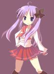  ahoge hiiragi_kagami lucky_star pink_neckwear purple_hair ryouou_school_uniform school_uniform serafuku solo yukishiro_mafuyu 