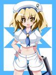  blonde_hair blue_sailor_collar chair fang folding_chair hat highres kitashirakawa_chiyuri midriff navel oborotsuki_kakeru sailor_collar school_uniform serafuku shorts solo touhou touhou_(pc-98) twintails yellow_eyes 