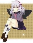  bad_id bad_pixiv_id bow crossed_legs doll doll_joints hair_ribbon kneehighs long_hair mosu purple_eyes ribbon rozen_maiden school_uniform serafuku silver_hair sitting skirt socks solo suigintou wings 