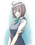  ahoge blush brown_eyes copyright_request grey_hair light_smile looking_at_viewer lowres minato_fumi necktie short_hair solo v_arms 