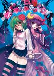  adjusting_eyewear antennae bespectacled blush bug butterfly cape dress flower glasses green_eyes green_hair hat holding_hands insect itou_life long_hair miniskirt multiple_girls patchouli_knowledge petals pinky_out purple_eyes purple_hair short_hair skirt striped striped_legwear thighhighs touhou wriggle_nightbug zettai_ryouiki 