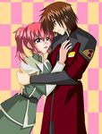  1girl akira_yasukazu gundam gundam_seed gundam_seed_destiny hug kira_yamato meyrin_hawke military military_uniform purple_eyes red_hair short_hair twintails uniform 