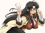  black_hair blue_eyes breasts card covered_nipples gegera glasses holding holding_card large_breasts long_hair messy_hair necktie non-web_source read_or_die red_neckwear solo yomiko_readman 