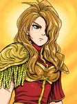  armor blonde_hair gensou_suikoden gensou_suikoden_i gensou_suikoden_ii ichiban_shibori long_hair lowres red_eyes solo valeria_(suikoden) 