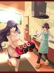  1girl accident animal_slippers apron ask_(densicho) cat_slippers clumsy doughnut food gundam gundam_00 kitchen marina_ismail setsuna_f_seiei slippers 