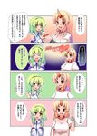  4koma blonde_hair closed_eyes comic cuffs cup detached_sleeves frog_hair_ornament green_background green_hair hair_ornament hair_tubes horn hoshiguma_yuugi kochiya_sanae long_hair looking_at_another looking_at_viewer maiku multiple_girls open_mouth pink_background pointy_ears puffy_short_sleeves puffy_sleeves red_eyes sakazuki shackles short_sleeves snake_hair_ornament touhou translation_request wing_collar yellow_eyes 