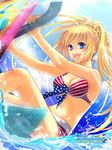  america american_flag_bikini bikini blonde_hair blue_eyes breasts cleavage day flag_print large_breasts long_hair miss_surfersparadise ogihara_mikumi open_mouth original solo splashing striped surfing swimsuit very_long_hair water watermark 