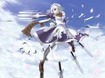  blue_eyes day highres izayoi_sakuya jerry knife maid pantyhose scarf silver_hair sky solo touhou 