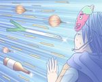  blue_hair blue_scarf bottle glint kaito lowres male_focus mask onion scared scarf solo spring_onion vocaloid yummy_(yumyumyummy) 