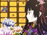  bad_id bad_pixiv_id bangs black_hair blunt_bangs blurry bug butterfly chrysanthemum depth_of_field enma_ai expressionless flower hair_flower hair_ornament hime_cut insect jigoku_shoujo lips long_hair looking_away nauribon petals profile red_eyes solo upper_body 