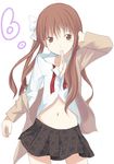  bad_id bad_pixiv_id brown_eyes brown_hair coat dressing hair_ribbon midriff mouth_hold ribbon shirai_kuroko solo to_aru_majutsu_no_index yana 