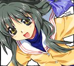  :d blush brown_eyes clannad ibuki_fuuko long_sleeves looking_at_viewer open_mouth outstretched_arms satomi_yoshitaka simple_background smile solo upper_body white_background 