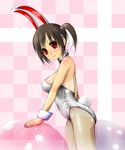  animal_ears ball brown_hair bunny_ears bunny_girl bunny_tail bunnysuit checkered checkered_background dclc detached_collar fishnet_pantyhose fishnets from_side highres looking_at_viewer one-piece_tan original pantyhose pink_background red_eyes short_hair smile solo tail tan tanline twintails wrist_cuffs 