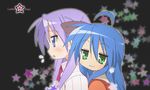  :3 ahoge blue_eyes blue_hair blush green_eyes hiiragi_kagami izumi_konata lucky_star mole mole_under_eye multiple_girls purple_hair star sweat twintails wallpaper 