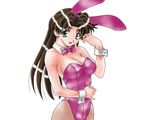  animal_ears black_hair bow bowtie breasts bunny_ears bunnysuit cleavage earrings fishnet_pantyhose fishnets futari_ecchi green_eyes jewelry katsu_aki large_breasts long_hair no_bra onoda_yura pantyhose pinky_out ring shiny shiny_clothes simple_background smile solo standing wavy_hair wrist_cuffs 