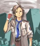  advance_wars advance_wars:_days_of_ruin belt building fingerless_gloves frown gloves grey_hair male_focus military military_uniform necktie open_clothes open_shirt outdoors pink_eyes rnaru0 shirt sky sleeves_rolled_up solo spiked_hair uniform will_(advance_wars) 