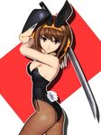  3d animal_ears brown_eyes brown_hair bunny_ears bunnysuit fishnet_pantyhose fishnets hairband jpeg_artifacts katana non-web_source orange_hairband pantyhose short_hair solo suzumiya_haruhi suzumiya_haruhi_no_yuuutsu sword weapon 