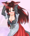  adjusting_hair animal_ears arms_up blush breasts cleavage dress fang imaizumi_kagerou large_breasts long_hair mouth_hold ponytail red_eyes red_hair ribbon solo touhou tsukui_kachou tying_hair very_long_hair wolf_ears 