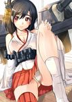  akasaai bare_shoulders blush breasts brown_hair cleavage fundoshi hair_ornament hand_on_own_knee highres japanese_clothes kantai_collection large_breasts looking_at_viewer red_eyes sitting smile solo tabi yamashiro_(kantai_collection) 