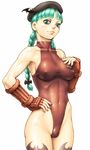  alternate_hairstyle bare_legs bare_shoulders beret braid breasts brown_leotard cameltoe cammy_white cammy_white_(cosplay) collarbone cosplay covered_navel covered_nipples elbow_gloves fingerless_gloves gloves green_eyes green_hair hand_on_hip hat kari_(artist) leotard long_hair medium_breasts morrigan_aensland nail_polish skin_tight smile solo street_fighter taut_clothes thong_leotard toned twin_braids vampire_(game) winged_hat 