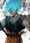  1boy aoki_(fumomo) blue_eyes blue_hair blue_shirt clenched_hands clenched_teeth dirty dirty_clothes dirty_face dougi dragon_ball dragon_ball_super dragonball_z frown looking_down male_focus muscle outstretched_arms shirt short_hair son_gokuu spiked_hair standing super_saiyan_blue teeth torn_clothes upper_body wristband 