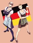  alcohol bad_id bad_pixiv_id beer beer_mug black_sclera blonde_hair crossdressing cup dirndl dress german_clothes german_flag germany gloves high_heels holding holding_cup jojo_no_kimyou_na_bouken multiple_boys muscle pantyhose parody prosciutto red_eyes risotto_nero tumble_ao 