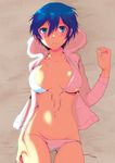  bikini blue_eyes blue_hair blush breasts front-tie_top hood hoodie large_breasts looking_at_viewer lying on_back panties persona persona_4 shinocco shirogane_naoto short_hair solo swimsuit underwear 