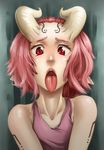 anael_(whistle_frog) bad_id bad_tumblr_id collarbone demon_girl demon_horns eyebrows eyelashes facial_mark horns lips nose open_mouth oral_invitation original pink_hair pointy_ears red_eyes short_hair slit_pupils solo succubus tank_top tattoo tongue tongue_out uvula whistle_frog 