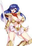  alternate_breast_size armor asou_yuuko bangs bikini_armor blue_eyes blue_hair boots breasts brooch cleavage huge_breasts jewelry knee_boots long_hair looking_at_viewer microskirt midriff mugen_senshi_valis neckerchief simple_background skirt smash_daisaku solo sword telenet_japan valis valis_sword weapon white_background 