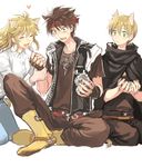  2boys animal_ears black_hair blonde_hair boots cat_ears cat_food cat_tail cleo_everlastin fingerless_gloves fork gloves green_eyes headband long_hair majic_lin majutsushi_orphen multiple_boys nanatoki open_mouth orphen short_hair tail 