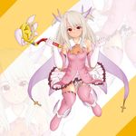  bad_id bad_pixiv_id boots elbow_gloves fafnirouka fate/kaleid_liner_prisma_illya fate_(series) feathers gloves hair_feathers illyasviel_von_einzbern kaleidostick long_hair magical_girl magical_ruby prisma_illya red_eyes silver_hair solo thigh_boots thighhighs two_side_up wand white_hair zoom_layer 