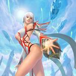  absurdres airship ass blue_eyes breasts building cabal_online cleavage cloud dress dutch_angle earring earrings highres jewelry sage_vell sky smile white_hair 
