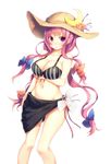  :o alternate_costume bikini black_sarong blush bow breast_hold breasts cleavage crescent flower groin hair_bow hat large_breasts navel patchouli_knowledge purple_eyes purple_hair quad_tails sarong snowcanvas solo striped striped_bikini sun_hat swimsuit touhou vertical-striped_bikini vertical_stripes 