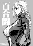  bodysuit breasts center_opening cleavage commentary_request covered_nipples earrings from_side greyscale jewelry large_breasts low_ponytail makeup monochrome nina_williams parted_lips profile sideboob sidelocks skin_tight standing tekken translation_request unzipped yuri_ai 