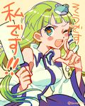  bad_id bad_pixiv_id detached_sleeves frog_hair_ornament gohei green_hair hair_ornament heart heart-shaped_pupils kochiya_sanae long_hair one_eye_closed shinoasa smile snake_hair_ornament symbol-shaped_pupils touhou translated 