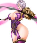  1041_(toshikazu) 1girl blue_eyes breasts cleavage huge_breasts isabella_valentine looking_at_viewer purple_hair solo soul_calibur soulcalibur_ii standing weapon whip 