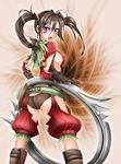  1041_(toshikazu) 1girl :d ass blade brown_hair brown_panties fang from_behind jewelry long_hair looking_at_viewer looking_back mole open_mouth panties purple_eyes ring smile solo soul_calibur soulcalibur_iv standing tira tira_(soulcalibur) twintails underwear weapon 