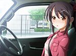  1girl brown_eyes car game_cg isurugi_chie katakura_shinji kira_kira motor_vehicle purple_hair vehicle 