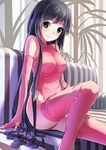  aqua_eyes bare_shoulders black_hair breasts couch covered_navel elbow_gloves fingerless_gloves gloves highleg highleg_leotard highres leotard long_hair medium_breasts original pink_gloves pink_legwear red_leotard shadow sitting smile solo thighhighs touboku very_long_hair 